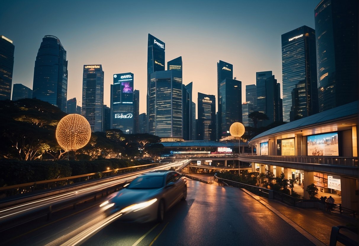 A bustling city skyline with bright lights and billboards advertising "Exciting 2024 Promotions" for Pegipegi in Singapore