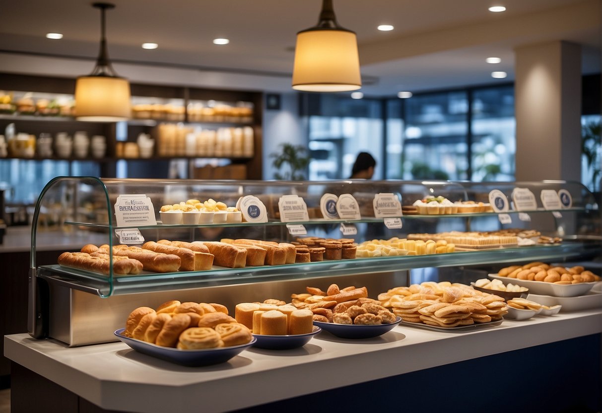 Paris Baguette breakfast promotions in Singapore, featuring exclusive offers at select venues. Illustrate a bustling café with enticing signage and happy customers