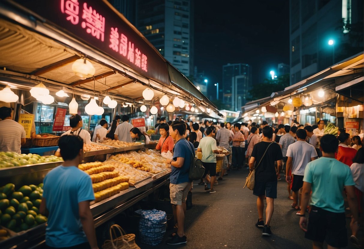 A bustling Singapore street market with colorful oyster promotions signage and eager customers