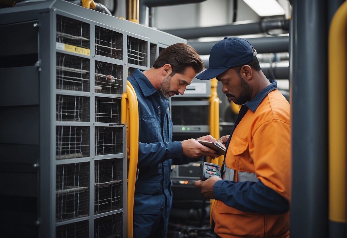 An HVAC technician inspects a system, checking filters, ducts, and components for efficiency and safety. A checklist and tools are used for thorough examination