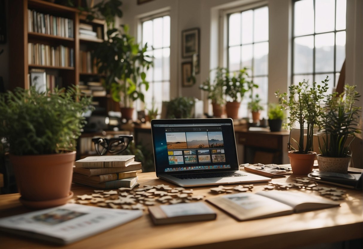 A person sitting at a desk with a laptop and books, surrounded by art supplies, musical instruments, and a puzzle. The room is filled with natural light, and there are plants and a cozy chair in the background