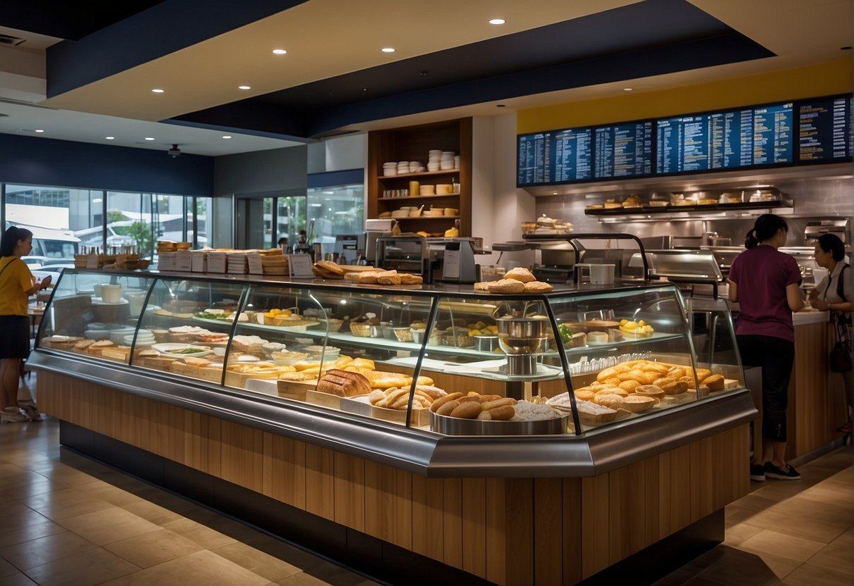 A bustling Paris Baguette cafe in Singapore, with colorful breakfast promotions displayed on the chalkboard menu. Customers line up to inquire about the frequently asked questions
