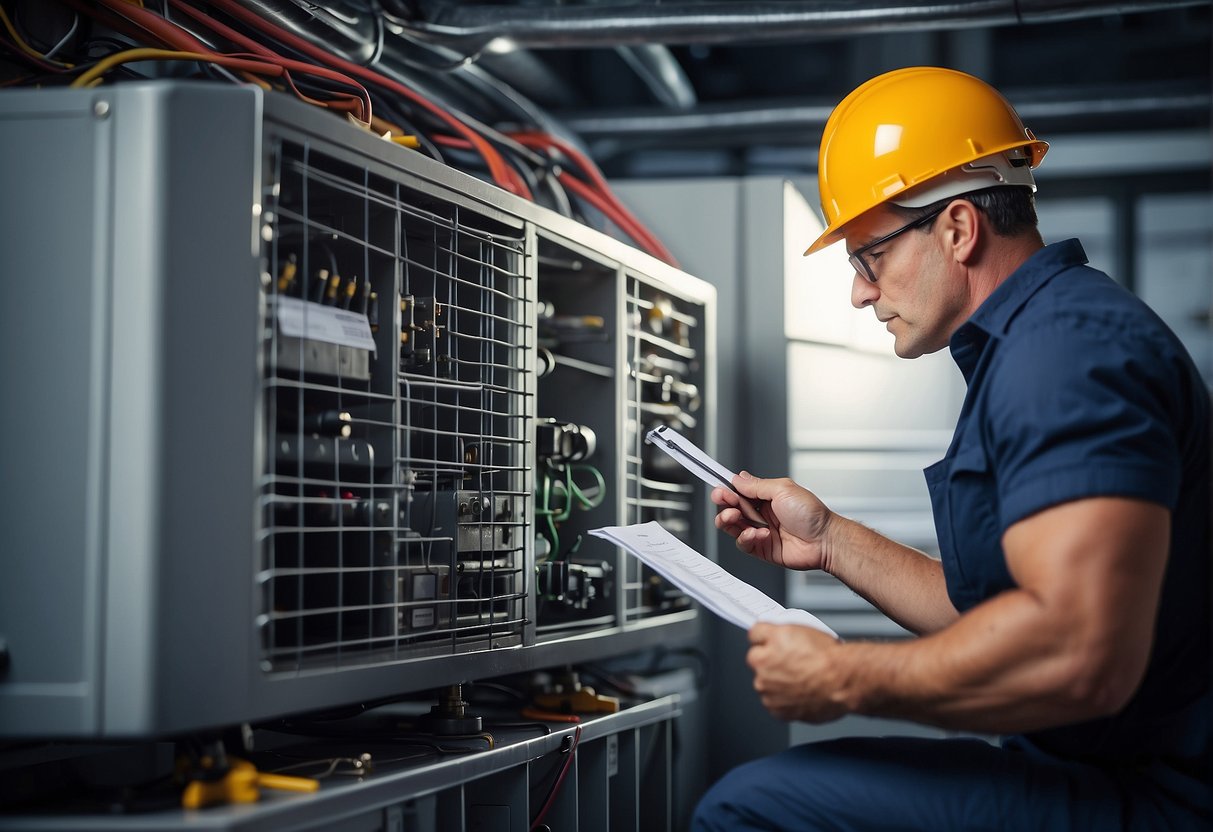 A technician inspects an HVAC system with a checklist, using tools and equipment to ensure optimal energy efficiency