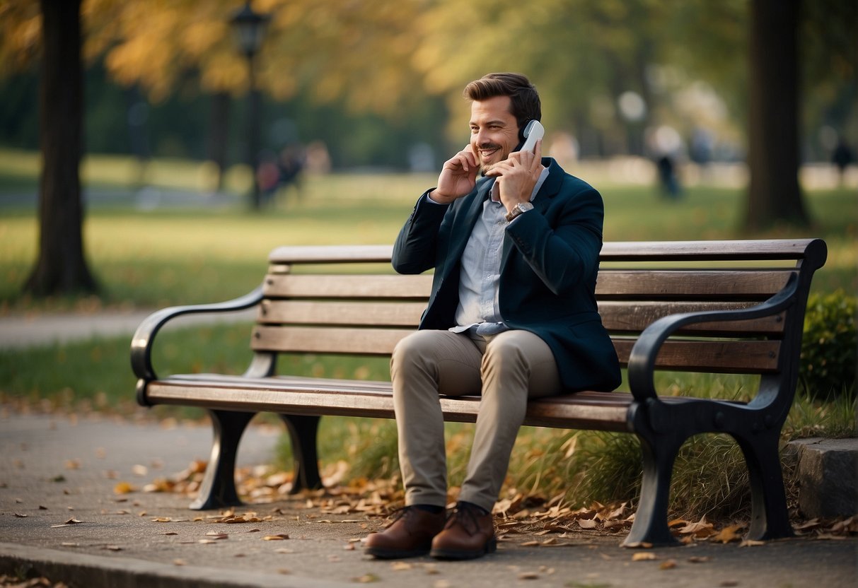 A person sitting on a park bench, talking on the phone with a smile, surrounded by nature and distant people