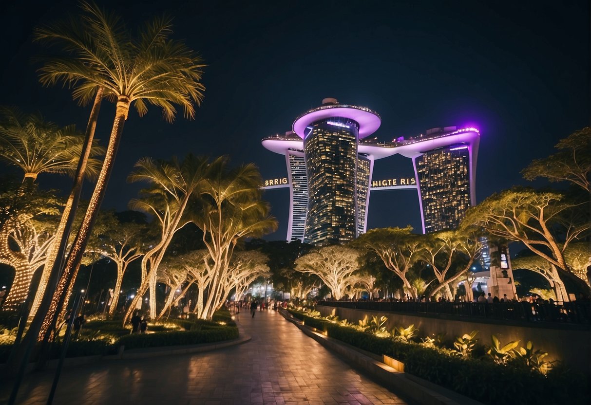Bright lights illuminate iconic Singapore landmarks, bustling streets, and serene gardens, showcasing the best of travel and leisure