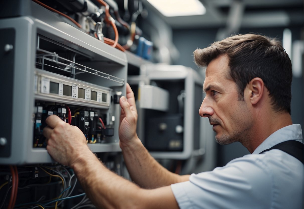 A technician inspecting HVAC equipment, checking filters and components for wear, extending the lifespan of the system