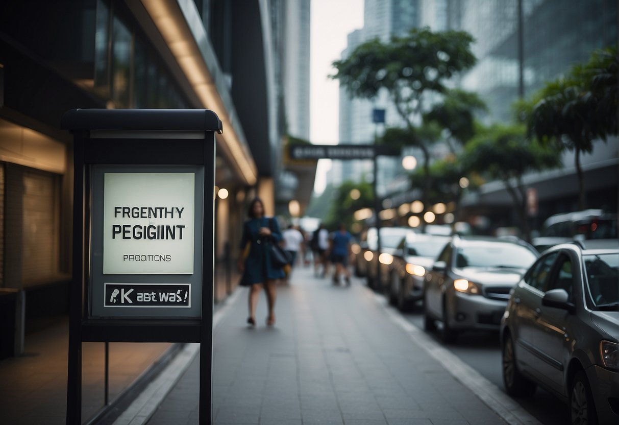 A bustling city street with a prominent "Frequently Asked Questions" sign outside a Pegipegi promotions office in Singapore