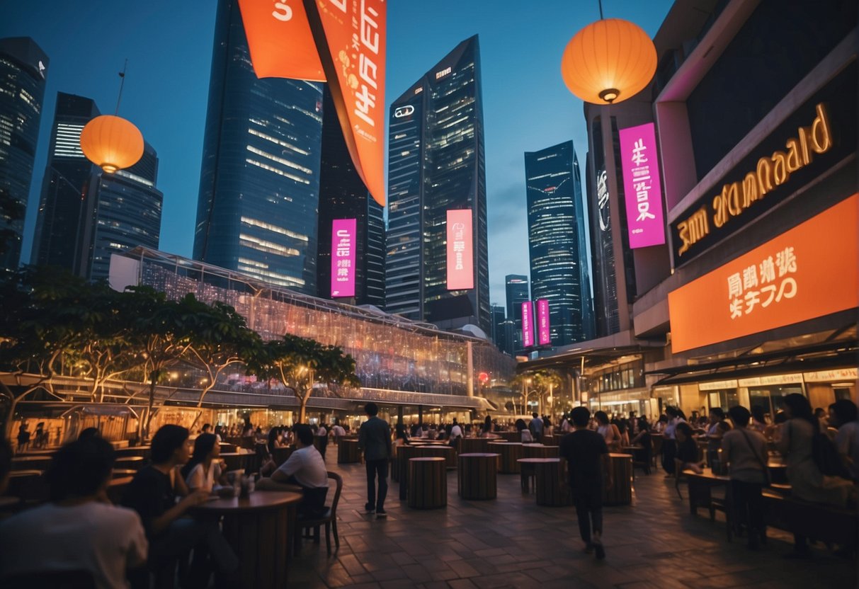 A vibrant cityscape with iconic Singapore landmarks and colorful promotional banners displayed prominently