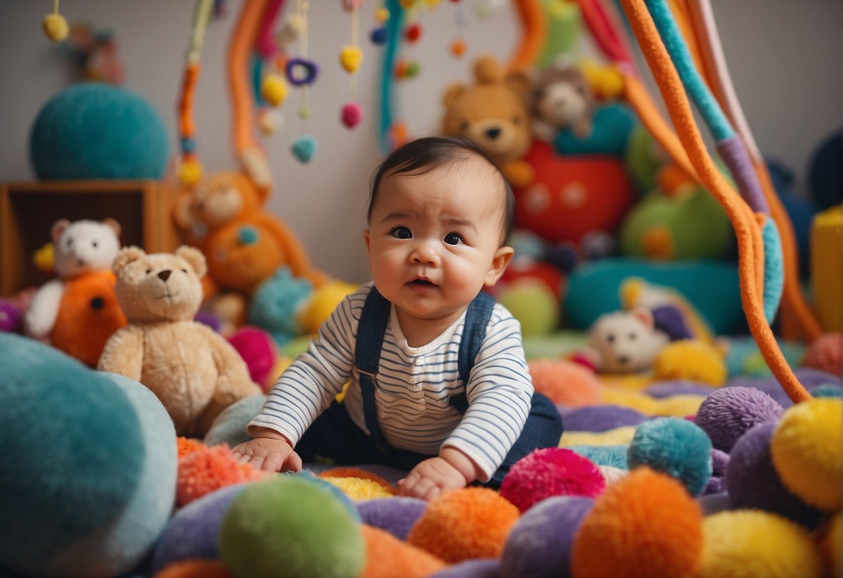 A 7-month-old baby sits on a colorful play mat surrounded by soft toys. They reach for a hanging mobile and giggle as they grab and explore the different textures and shapes