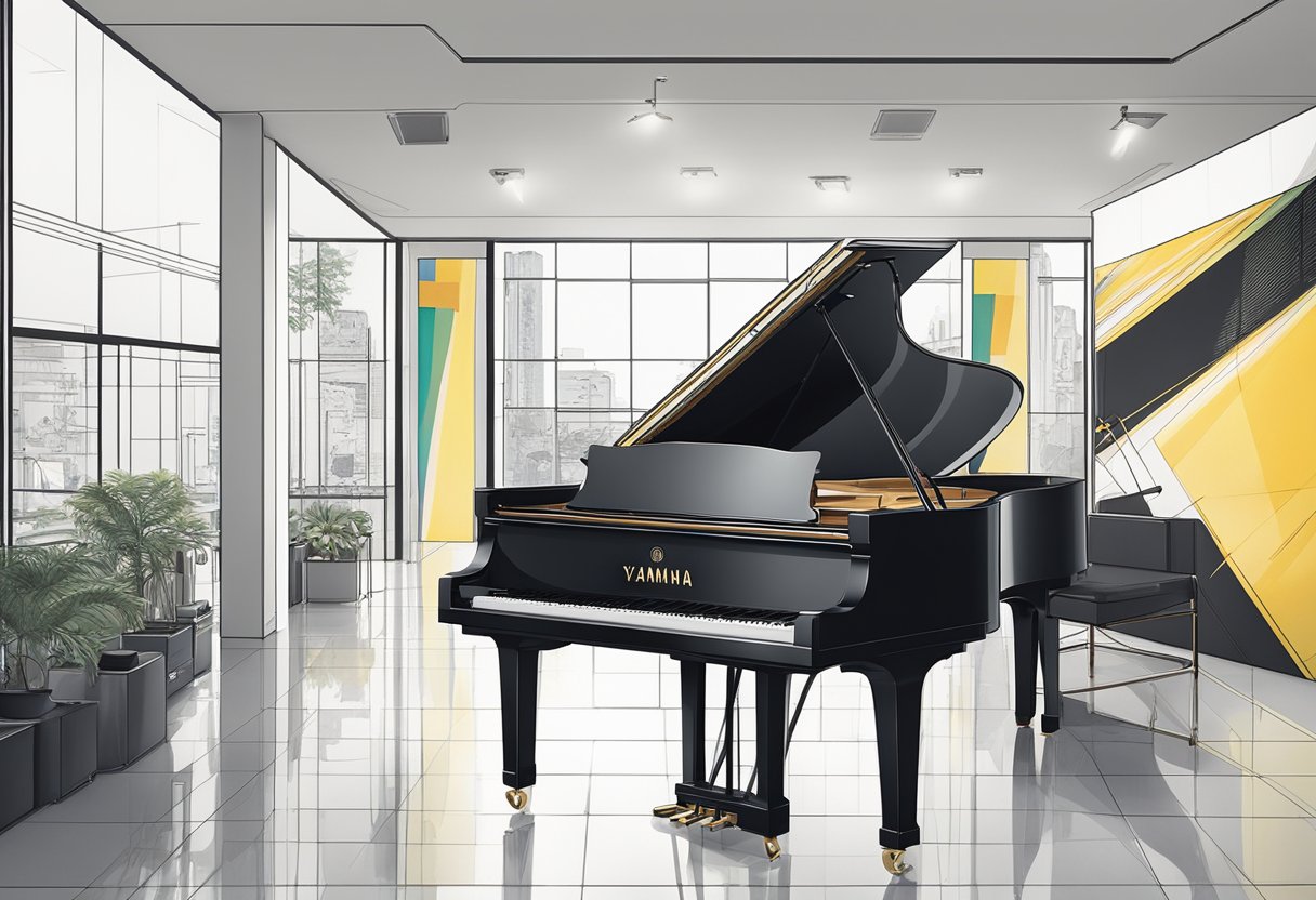 A Yamaha piano sits center stage, surrounded by banners advertising promotions in Singapore. The sleek black instrument gleams under the spotlight, drawing in potential customers