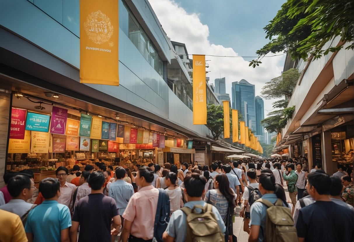 A bustling Singapore street with colorful banners advertising Young Living promotions, surrounded by curious onlookers