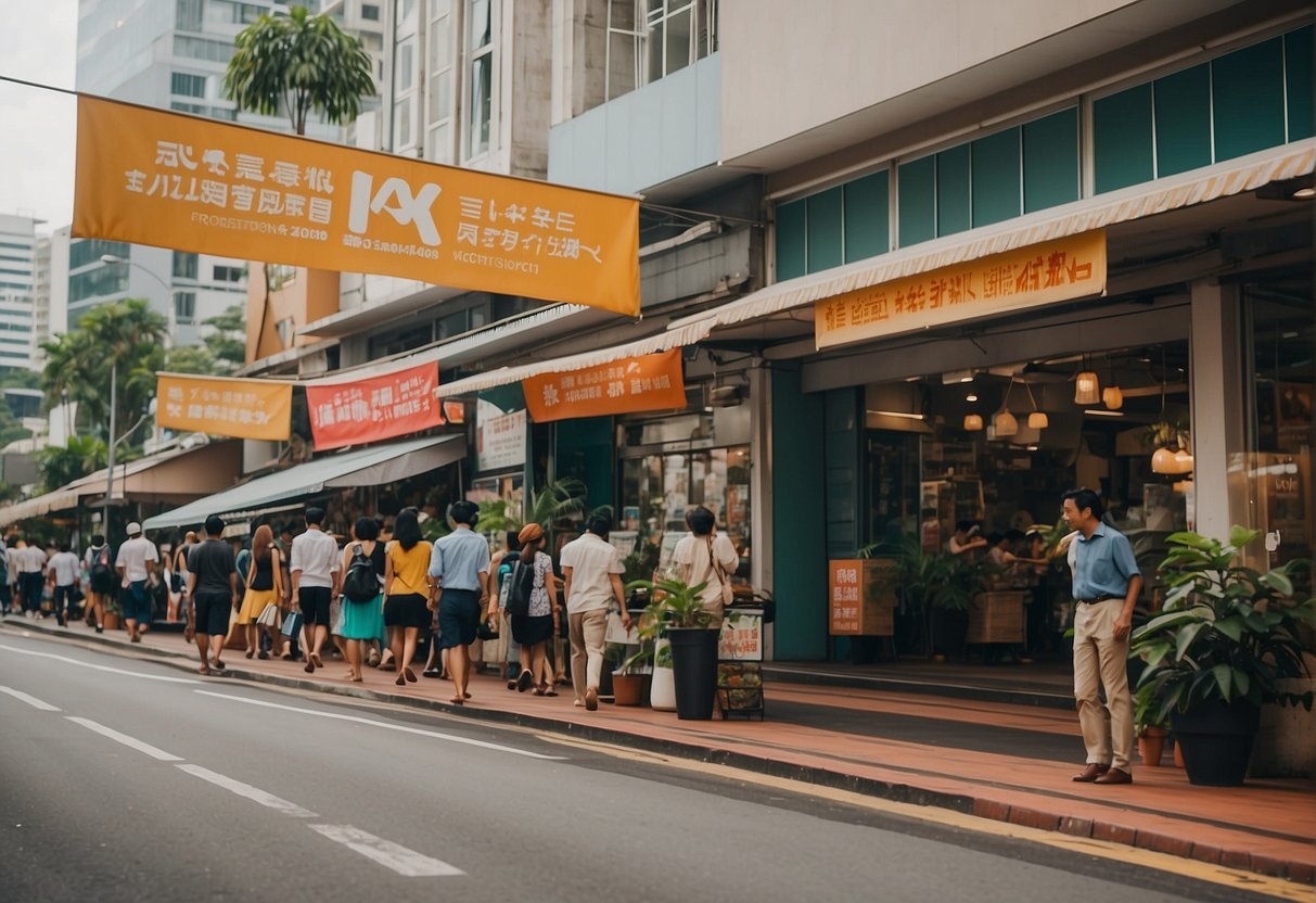 A bustling city street in Singapore, with colorful banners advertising Wix promotions hanging from storefronts and fluttering in the breeze
