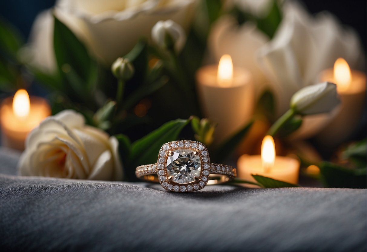 A sparkling diamond ring displayed on a velvet cushion, surrounded by elegant floral arrangements and soft candlelight