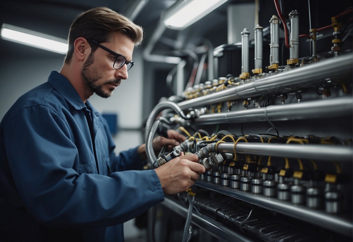 A technician checking filters, lubricating parts, and inspecting coils in an HVAC system. Tools and equipment are organized nearby