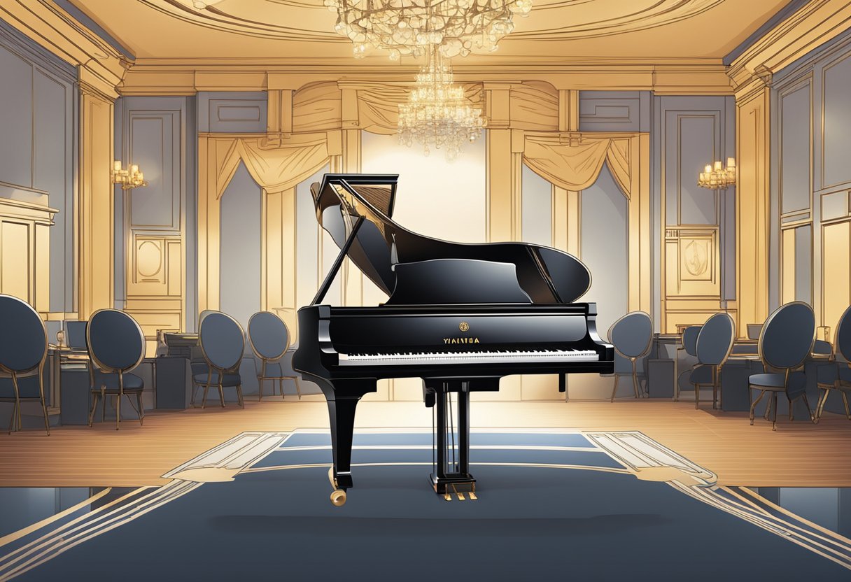 A grand Yamaha piano sits center stage, surrounded by elegant promotional banners and spotlights