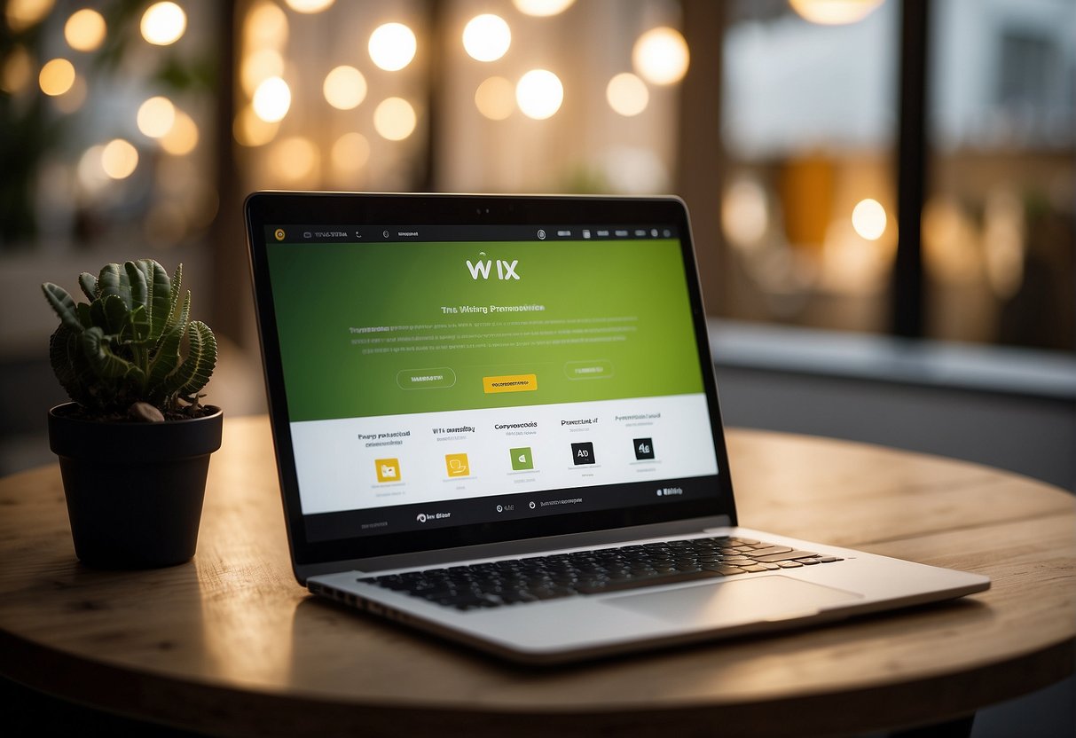A laptop with the Wix website open, displaying the promotions tab. A promotional banner design in progress on the screen