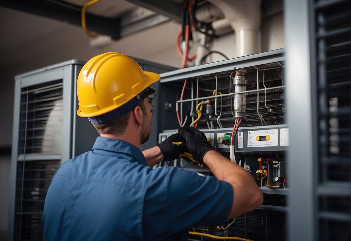 An HVAC technician performing maintenance on a heating and cooling system, checking filters, cleaning coils, and inspecting electrical connections