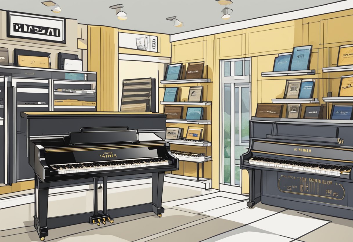 A Yamaha piano surrounded by accessories and special offer signs in a Singapore showroom