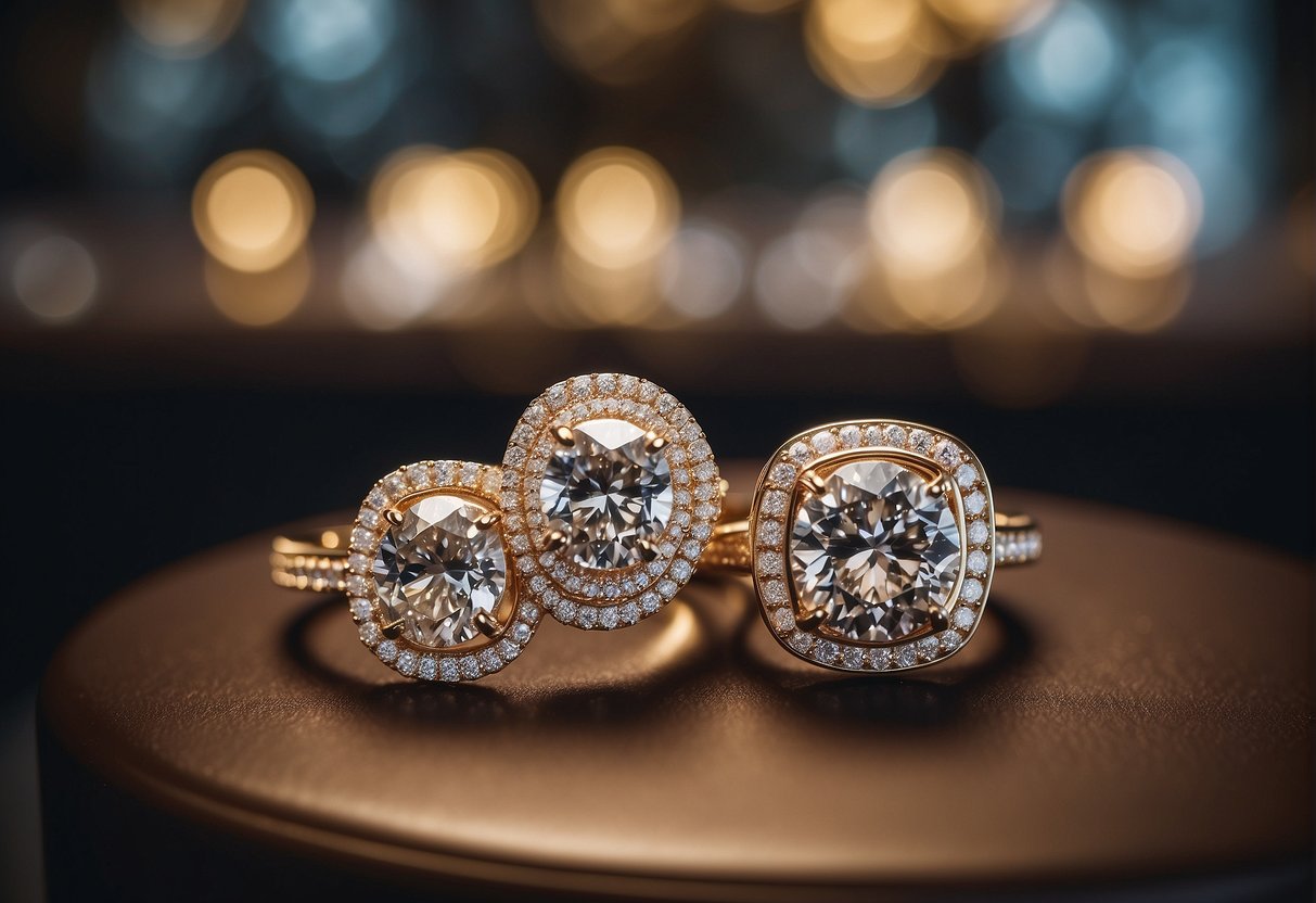 A display of sparkling engagement rings, surrounded by promotional signs, in a luxurious jewelry store