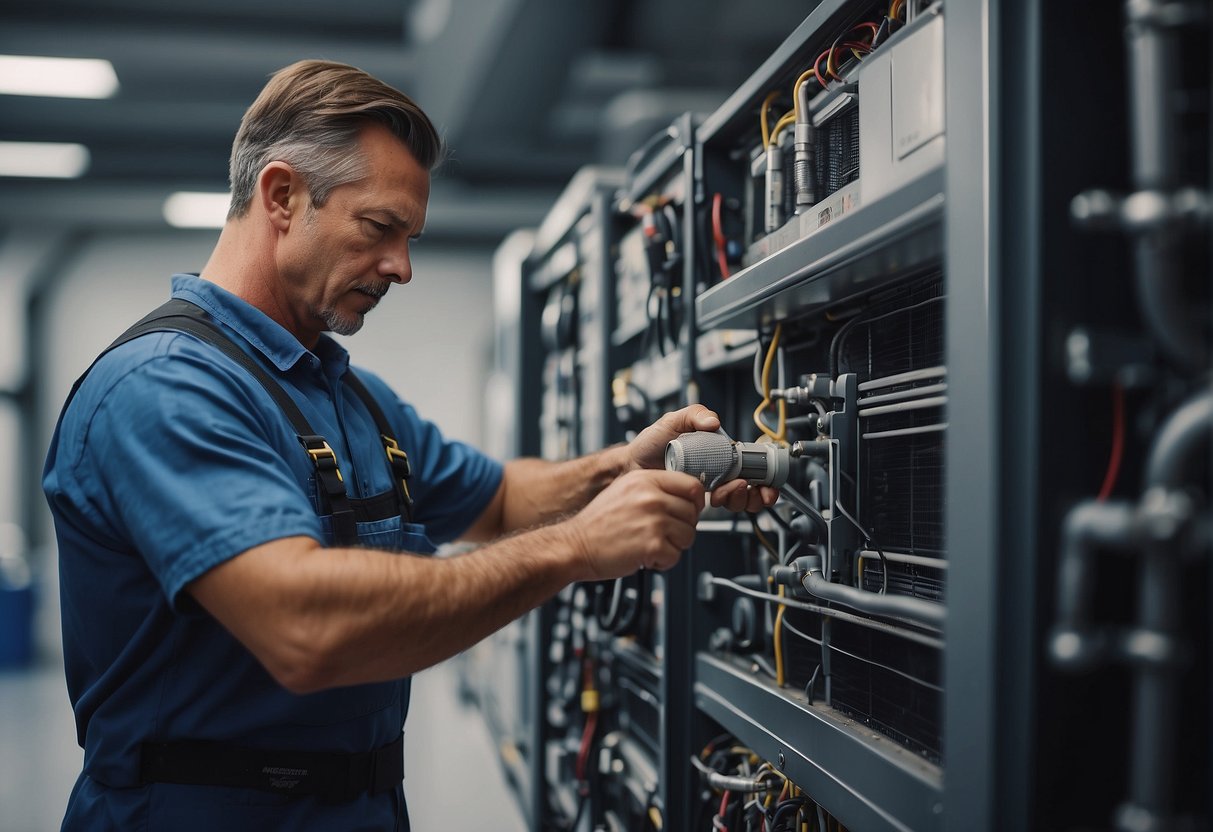 An HVAC technician performing routine maintenance on a system, checking filters and inspecting components for wear and tear