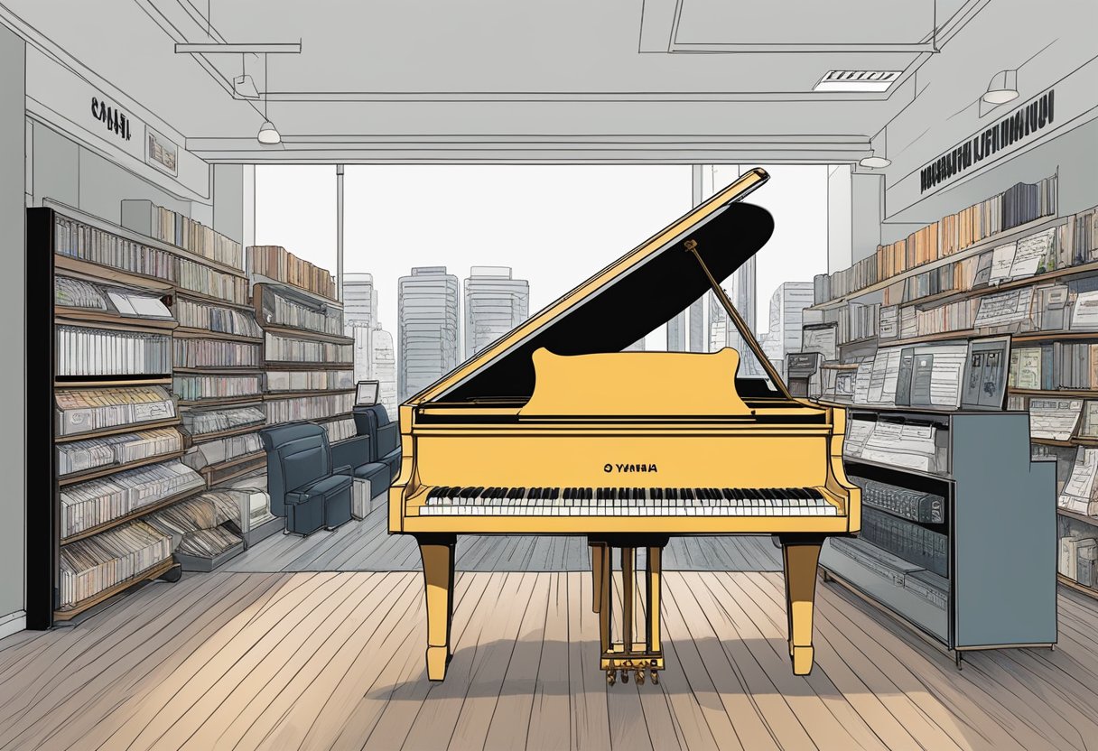 A Yamaha piano surrounded by promotional materials in a Singaporean music store