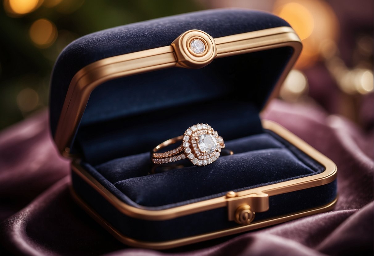 A sparkling diamond engagement ring and matching wedding bands displayed on a velvet cushion, surrounded by elegant packaging and romantic decorations