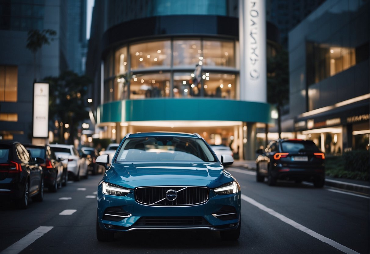 A vibrant cityscape with a prominent Volvo dealership, surrounded by bustling streets and eye-catching promotional displays in Singapore