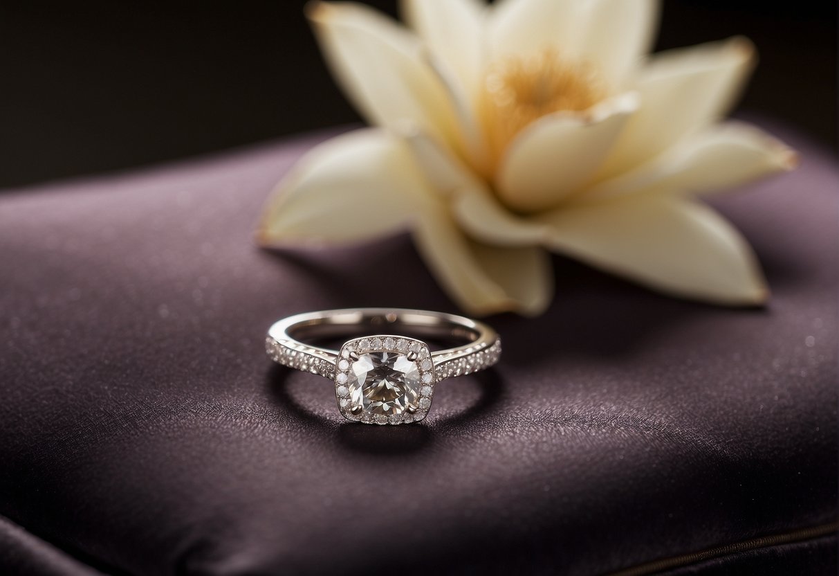 A sparkling diamond ring displayed on a velvet cushion with a backdrop of elegant calligraphy signage for "Frequently Asked Questions wedding ring promotions Singapore"