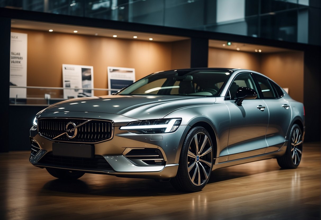 A sleek Volvo sedan sits in a showroom, surrounded by banners advertising the latest promotions for 2024. Bright lights and polished surfaces create a sense of luxury and sophistication