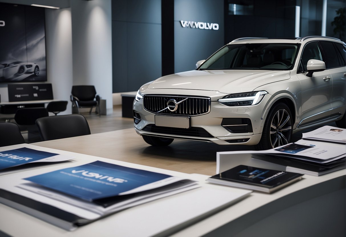 A table with various Volvo promotion materials, including brochures, banners, and merchandise, displayed in a well-lit showroom
