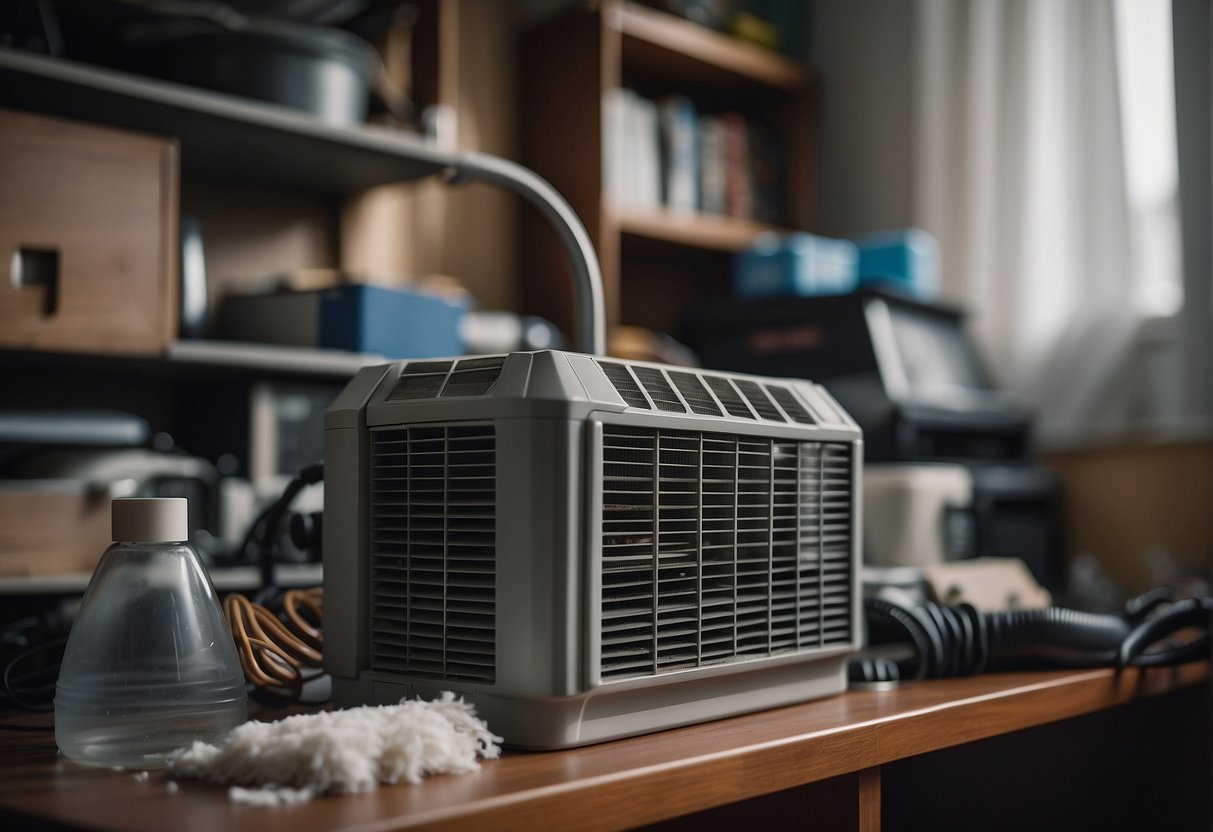 A cluttered room with visible dust and mold, a leaky pipe, and a malfunctioning air filter