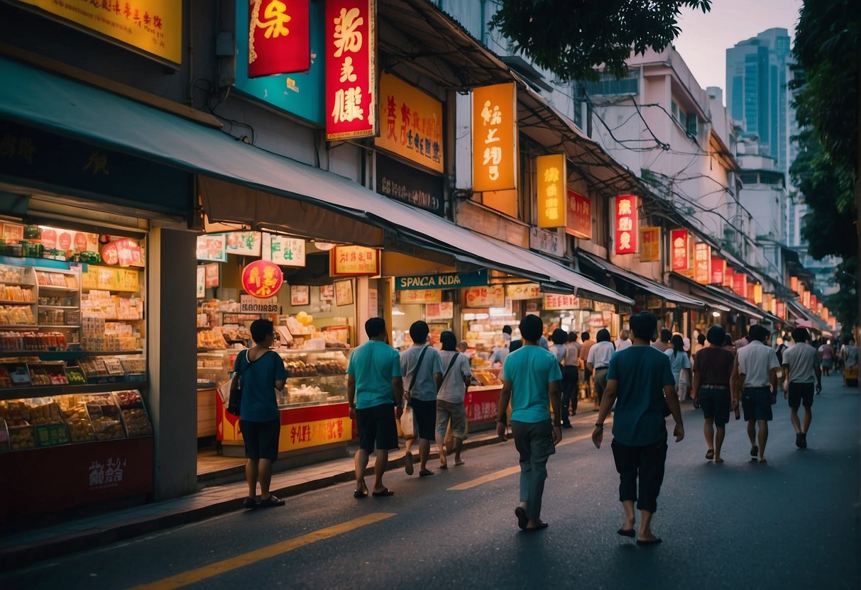 Colorful storefronts line a bustling Singapore street, adorned with vibrant signs for Udders promotions. Pedestrians stroll by, drawn to the lively atmosphere