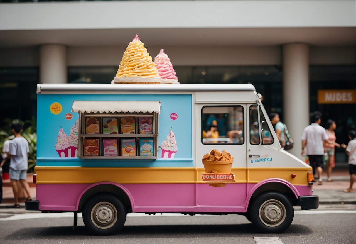 A colorful ice cream truck parked outside a bustling shopping mall in Singapore, with a large sign advertising the latest promotions from Udders