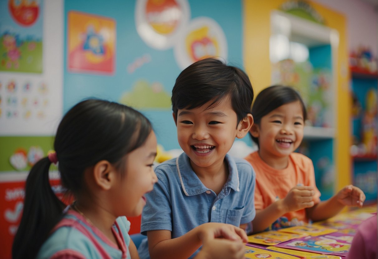 A group of playful children engage in interactive activities promoting oral health, surrounded by colorful posters and educational materials in a preschool setting in Singapore