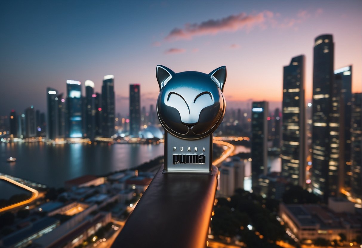 A sleek puma logo displayed prominently in a vibrant Singaporean cityscape, surrounded by bustling streets and iconic landmarks