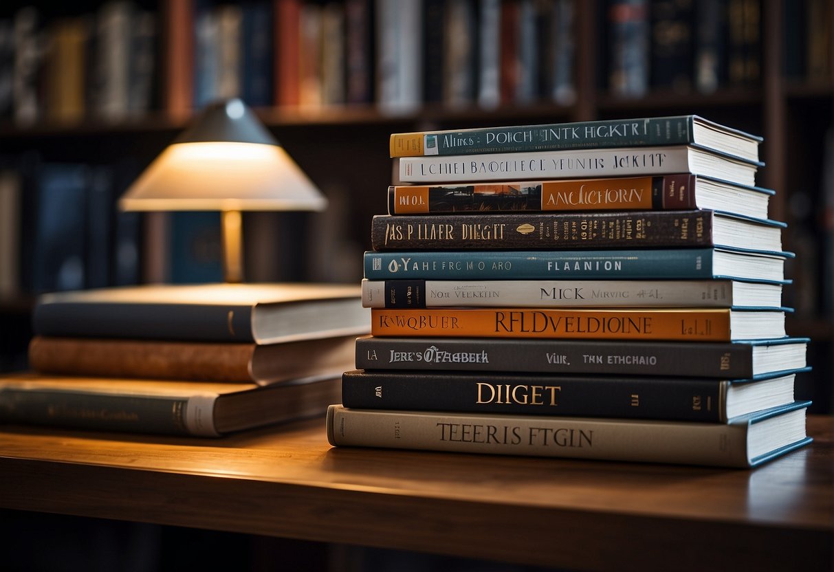 A stack of Reader's Digest magazines displayed on a sleek, modern bookshelf with a spotlight shining on them
