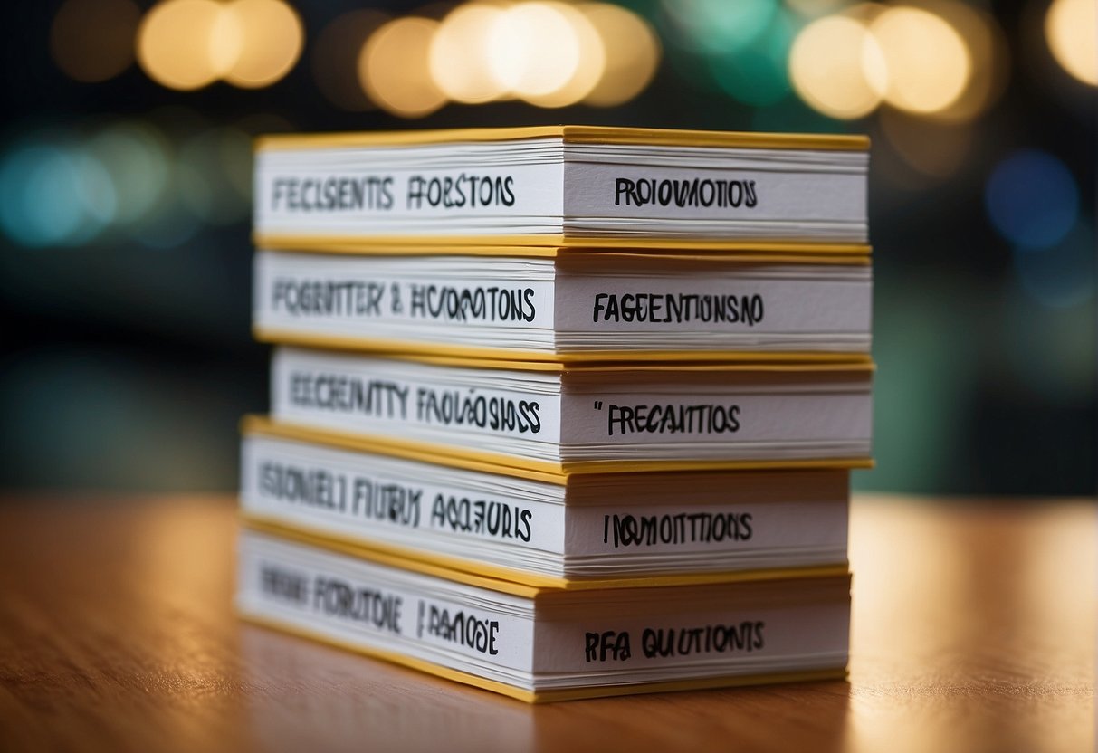 A stack of FAQ cards with the words "Frequently Asked Questions" and "promotions singapore" displayed prominently