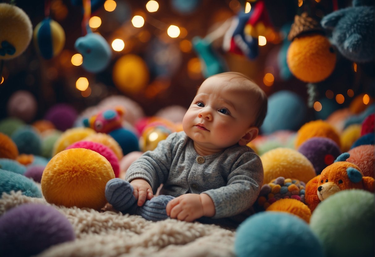 A baby lying on a soft blanket, surrounded by colorful and textured toys. A mobile hanging above with bright, contrasting patterns