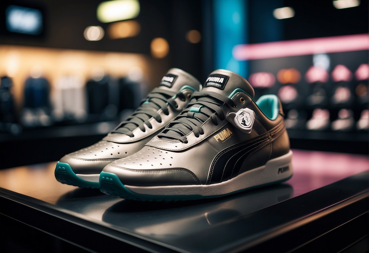 A display of exclusive Puma sneakers with promotional signage in a sleek and modern setting