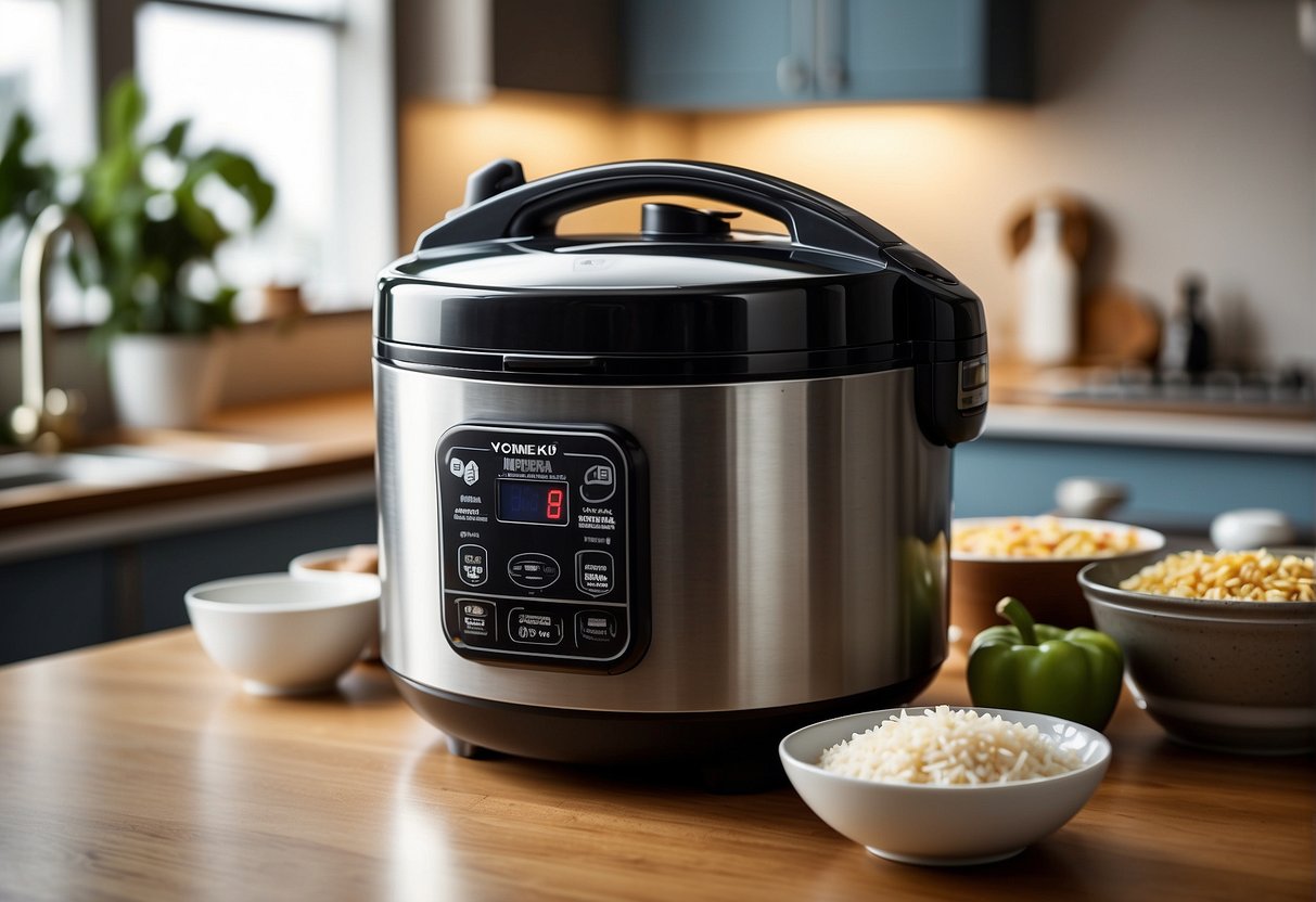 A rice cooker sits on a kitchen counter, surrounded by various promotional materials and discounts, with a spotlight shining on it