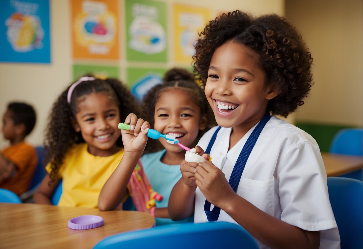 Children happily brushing teeth with colorful toothbrushes, while a dental hygienist educates them on oral health benefits. Bright posters promote the preschool oral health program in the background