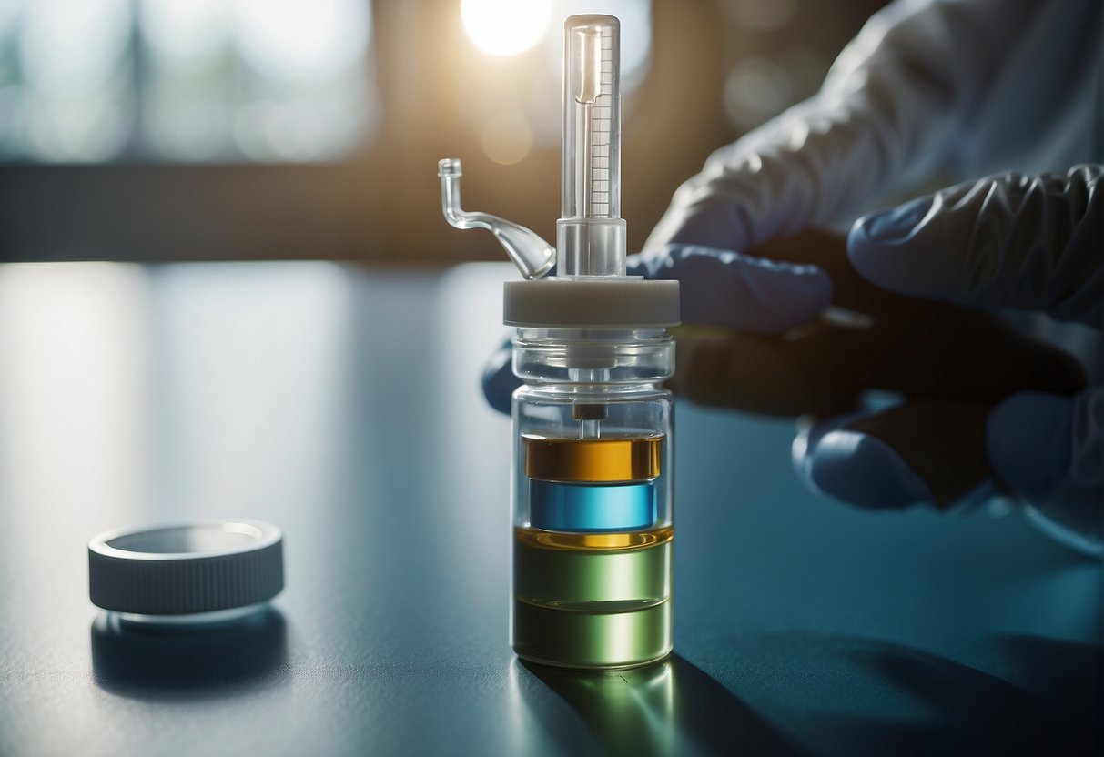 A syringe filled with weight loss medication hovers over a vial. A medical professional prepares the injection in a clean, well-lit clinic in Atlanta
