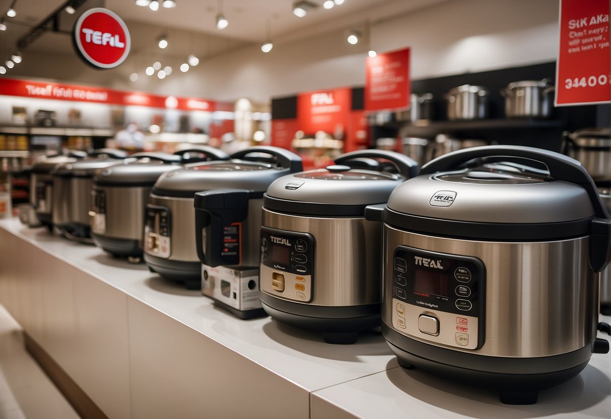 A display of Tefal Rice Cookers with promotional signage in a Singaporean retail store