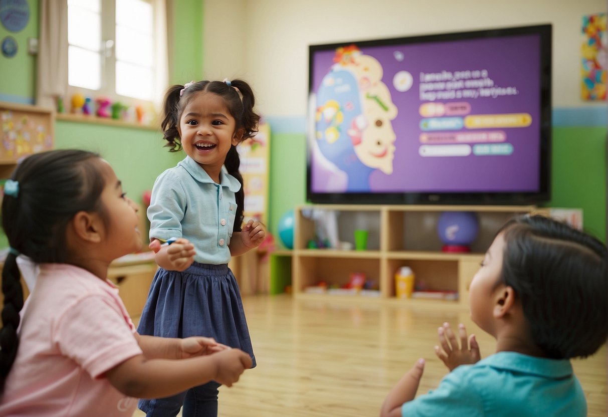 A group of preschool children eagerly engage in an interactive oral health programme, guided by enthusiastic educators. Vibrant promotional materials decorate the room, showcasing the benefits of the programme