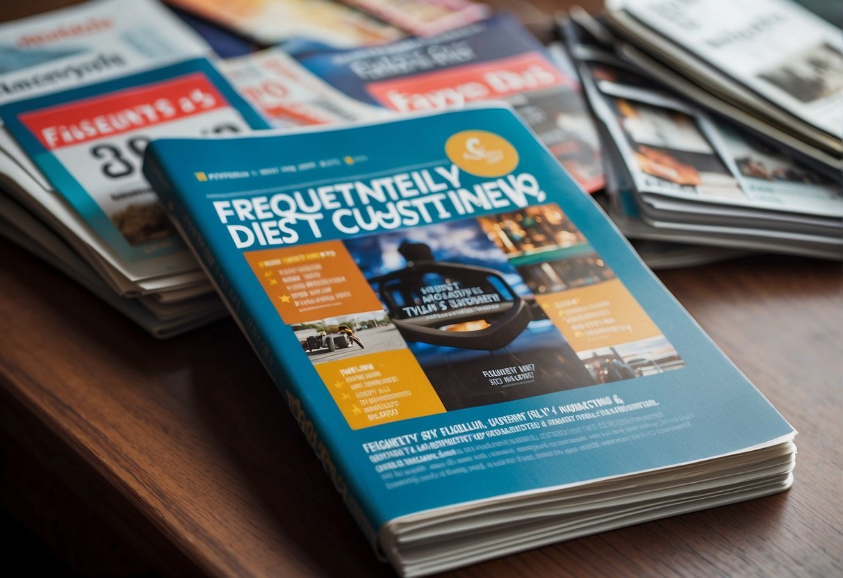 A stack of Reader's Digest magazines with the title "Frequently Asked Questions" featured on the cover, surrounded by promotional materials, set in a bustling Singapore street