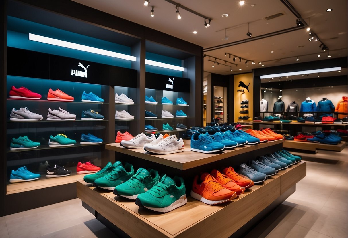 A vibrant display of Puma apparel and shoes, featuring the latest promotions in a sleek Singaporean retail store