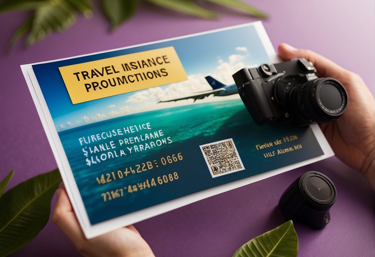 A vibrant banner displaying "Travel Insurance Singapore Promotions" with an airplane, passport, and tropical destination backdrop