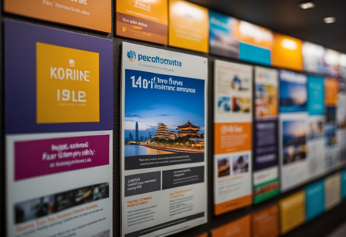 A vibrant display of travel insurance brochures and posters, showcasing current promotions in Singapore. Bright colors and enticing offers catch the eye