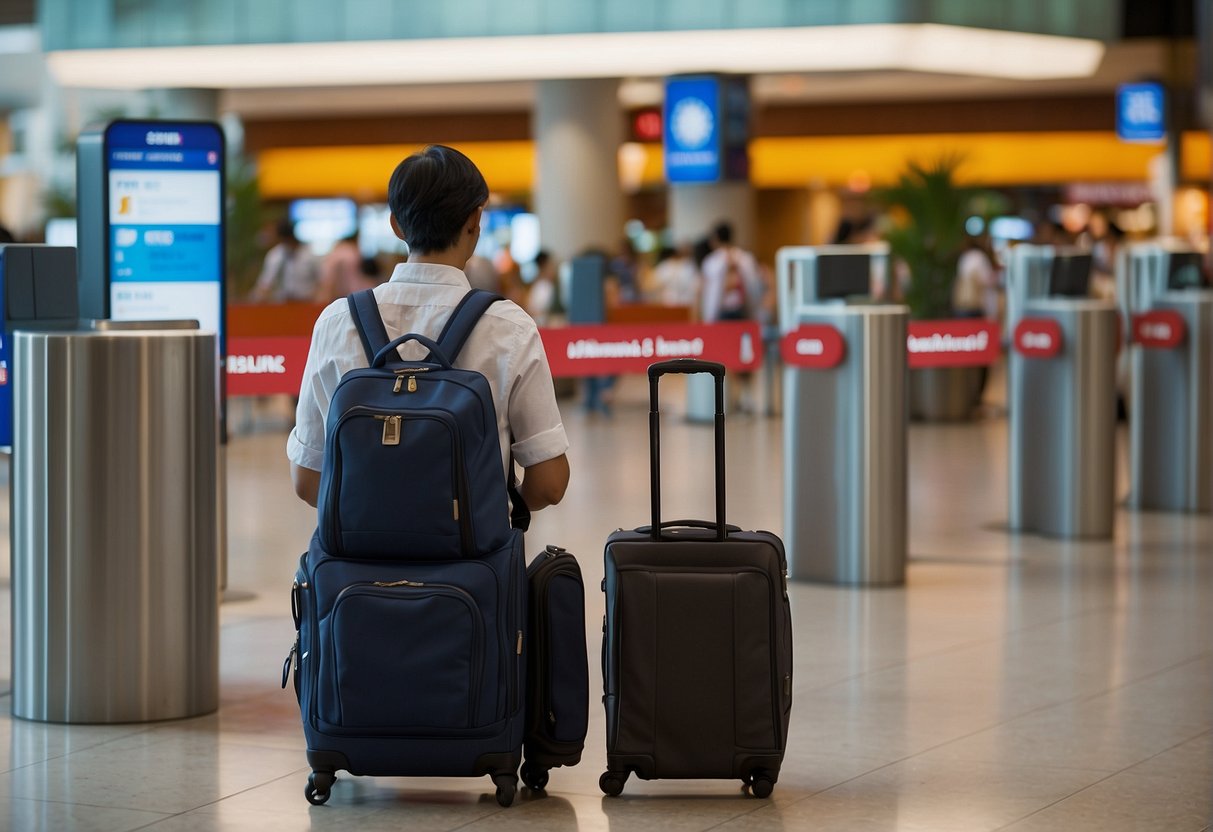 A traveler stands at a check-in counter, surrounded by signs advertising "Maximising Your Coverage and Rewards" travel insurance singapore promotions. Luggage and a passport are visible on the counter