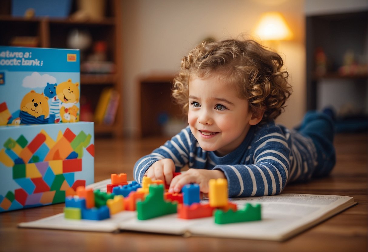 A 5-year-old plays with building blocks, colors with crayons, and reads a picture book in a cozy corner